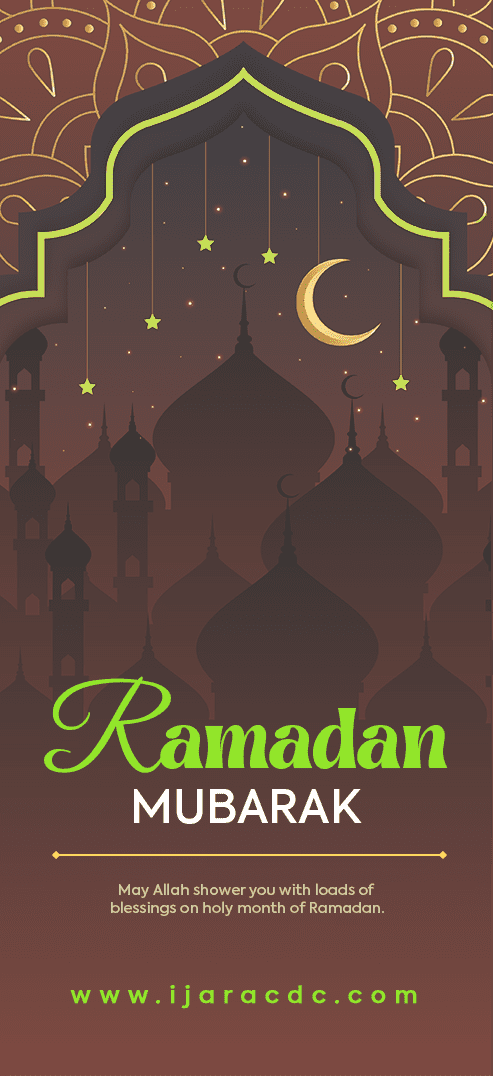 An illustration of a mosque silhouette with a crescent moon, stars, and the greeting "ramadan mubarak," wishing blessings for the holy month of ramadan.