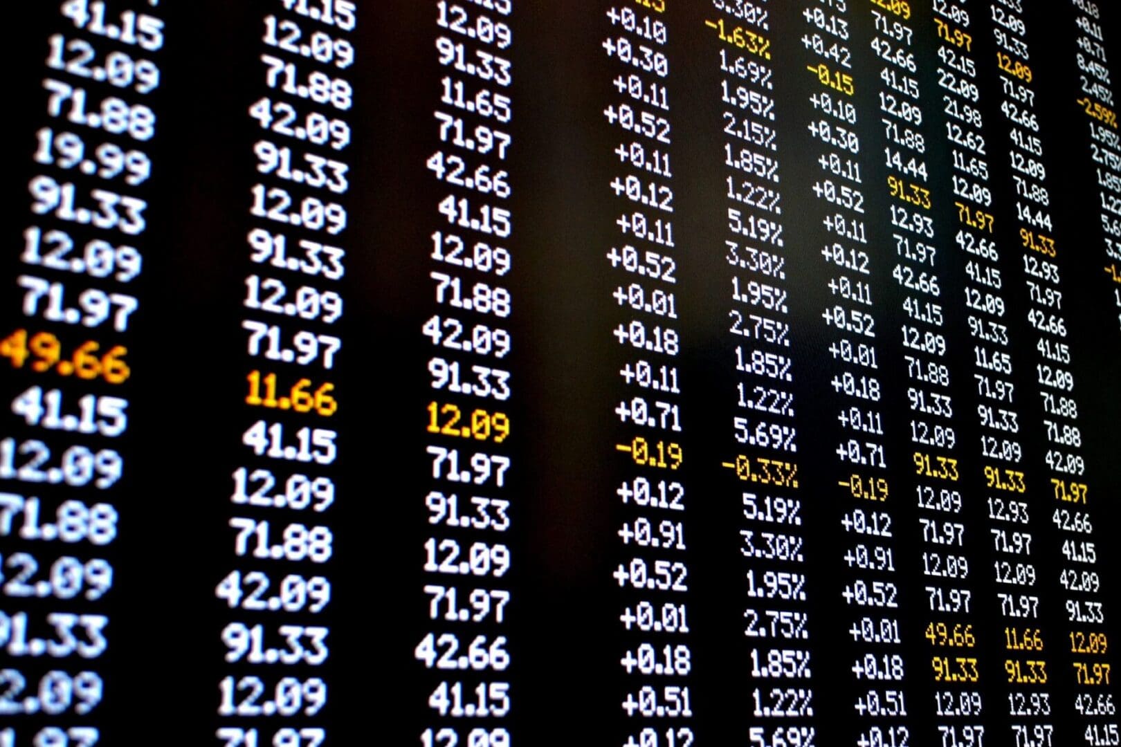 Stock market data displayed on an electronic board with various numbers indicating stock prices and changes.