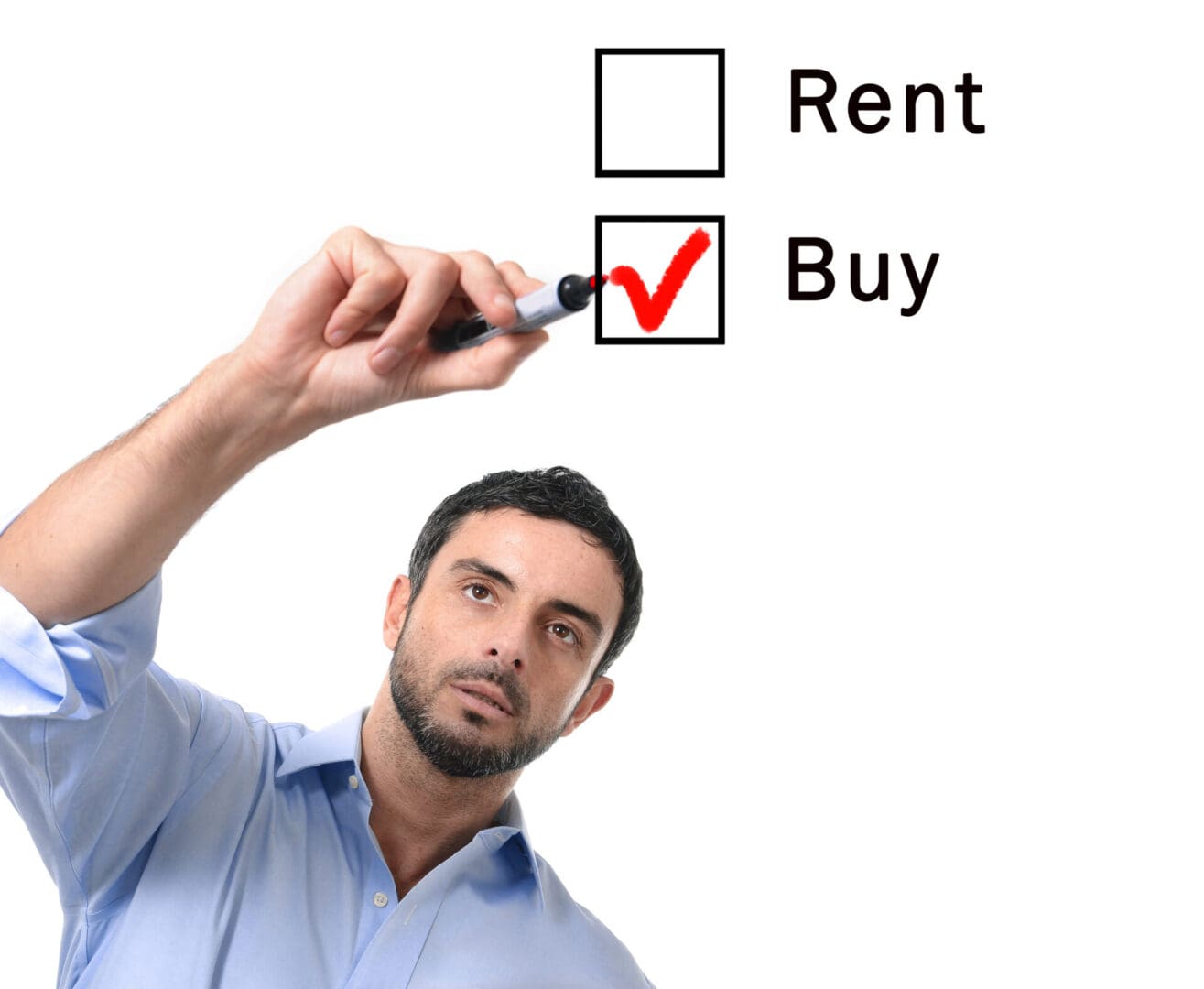 Man ticking the 'buy' option on a list comparing rent and buying a home choices.