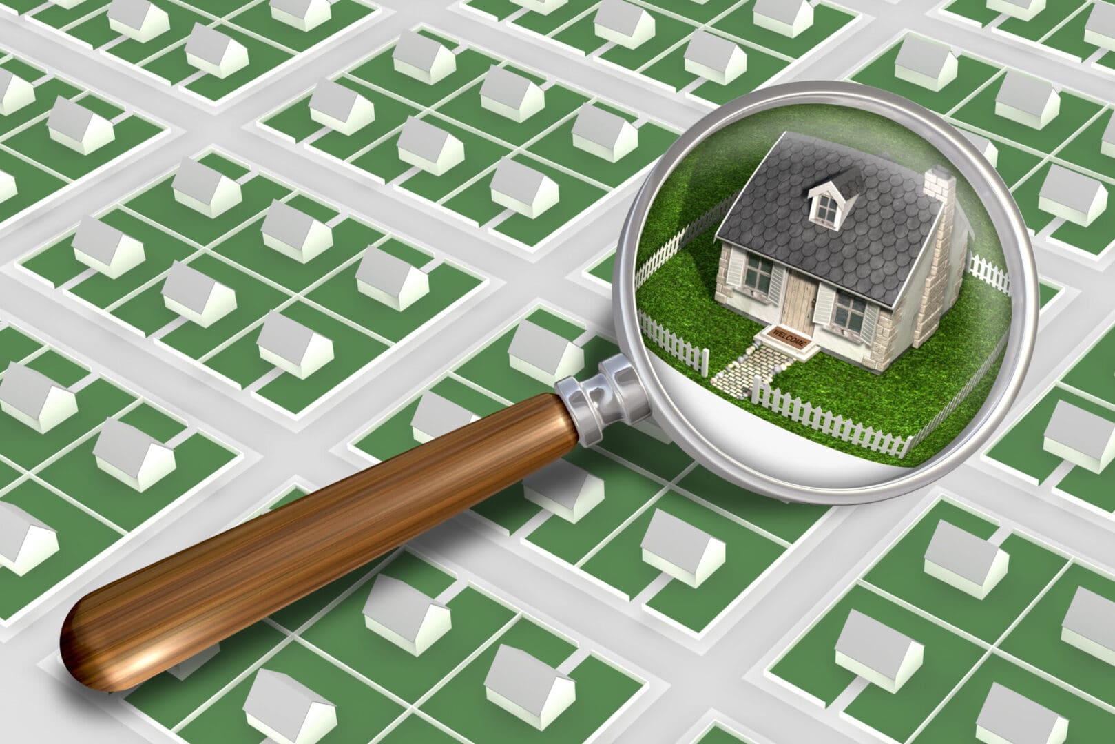 Magnifying glass focusing on a single "unicorn home" in a grid of homes, symbolizing property search or real estate examination.
