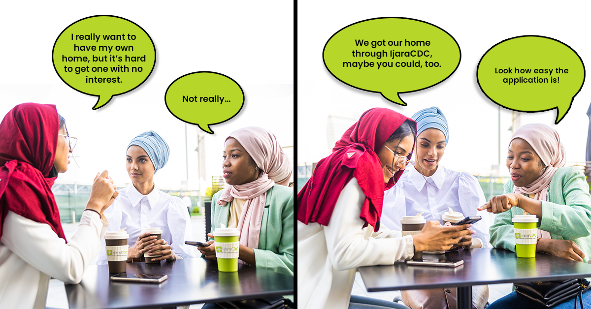 Three women in hijabs sitting at a table, one showing something on a smartphone to the others, with speech bubbles indicating a conversation about Islamic banking finance for home buying and an easy application process.