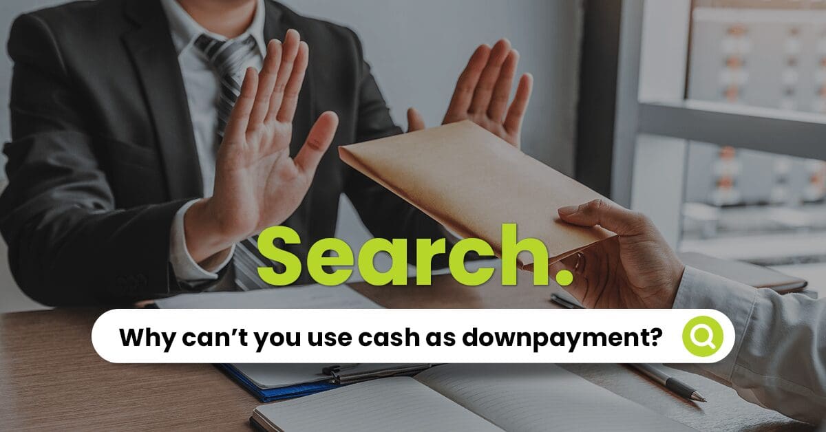 A person gesturing "no" to another individual offering an envelope, with a search bar inquiring why cash can't be used for payments.