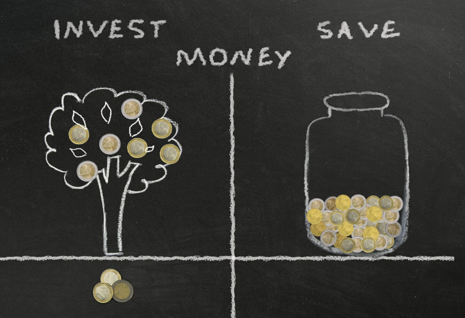 Chalk drawing comparison of investing and saving money, with coins depicted as leaves on an investment tree and inside a jar.