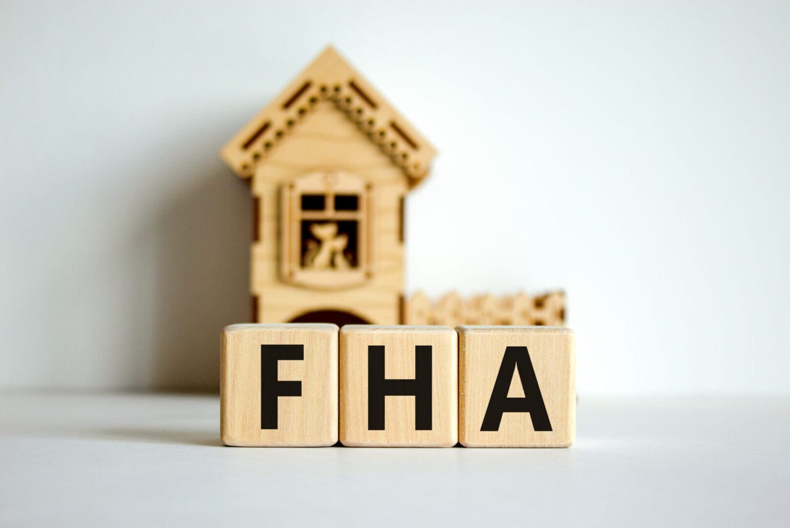 Wooden cubes form the word 'FHA, federal housing administration' near miniature house. Beautiful white background, copy space. business concept. Wooden blocks with letters "fha" in front of a miniature house model, representing residential Islamic financing alternative programs in the US.