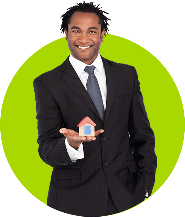 A preferred professional businessman holding a small house model.