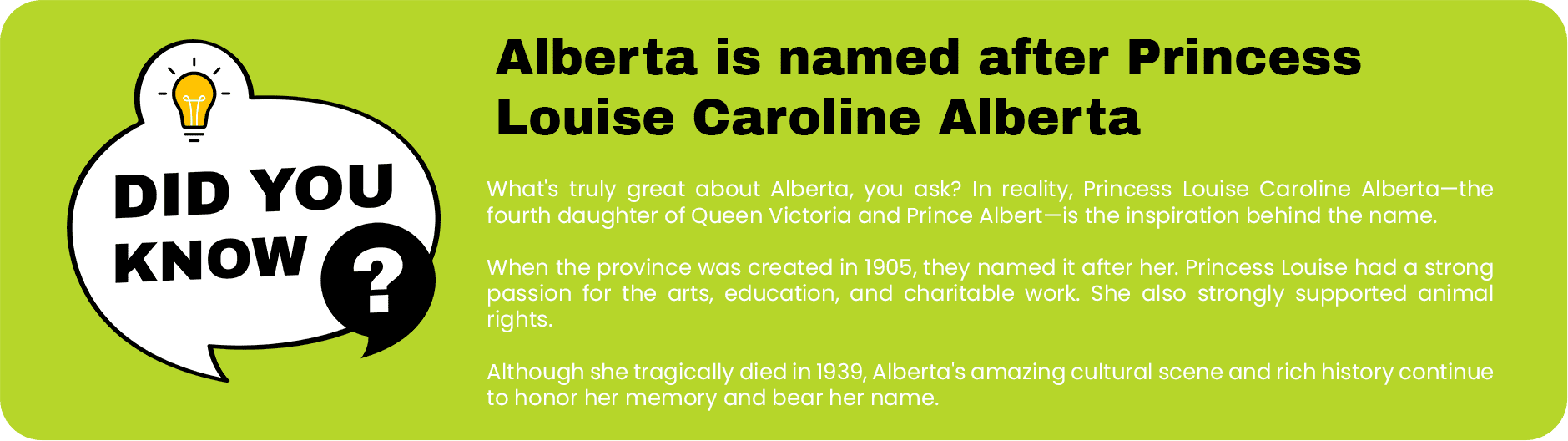 Professional banner explaining the origin of Alberta's preferred name, which was inspired by Princess Louise Caroline Alberta, Queen Victoria's fourth daughter.
