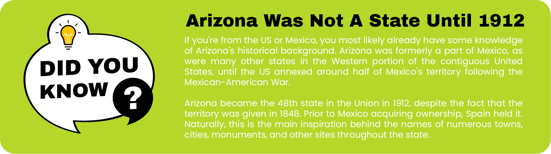 Informational graphic highlighting that Arizona became a state in 1912 with preferred historical context about its territorial status before statehood.
