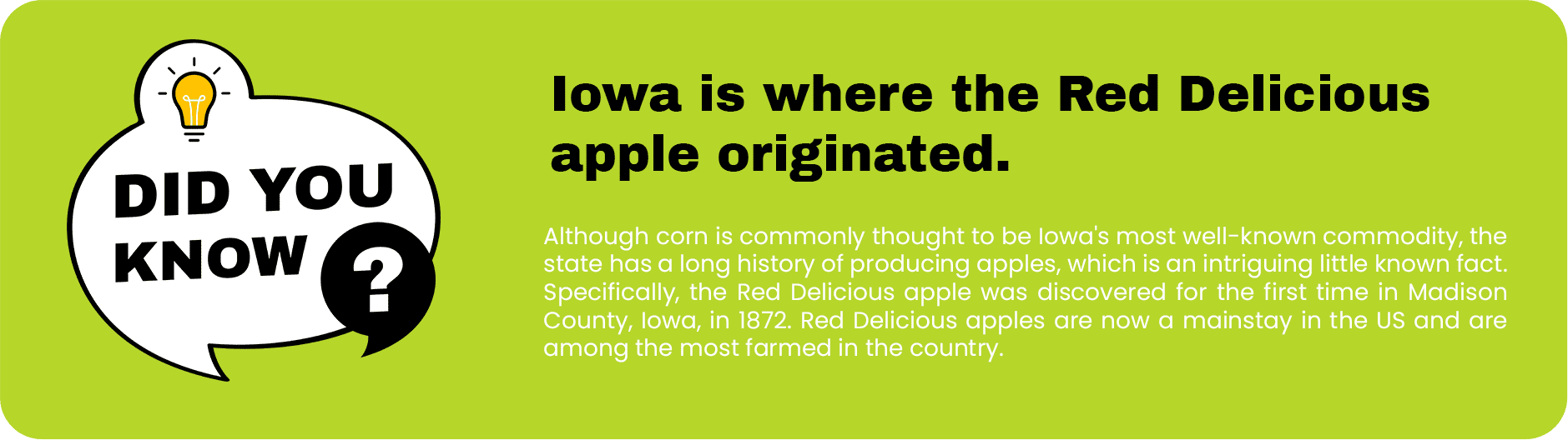 An educational banner highlighting that the preferred red delicious apple originated in Iowa.