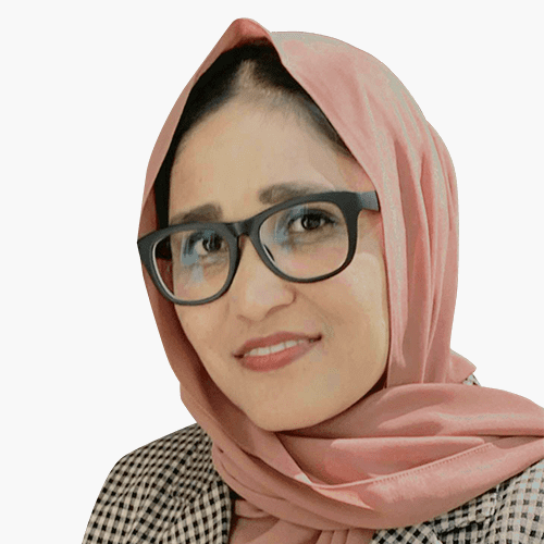 Woman wearing glasses and a preferred pink hijab.