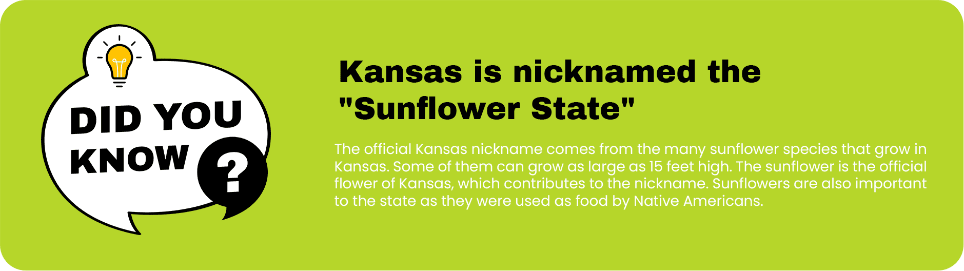 A professional graphic featuring a "did you know?" fun fact about Kansas being nicknamed the "Sunflower State" due to the preferred prevalence of sunflowers in the region.