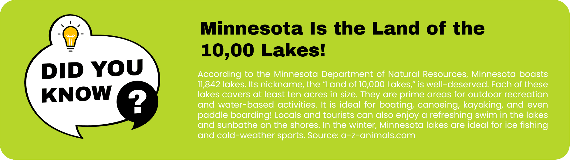 Informative graphic highlighting Minnesota as "the land of the 10,000 lakes" with preferred professional details about recreational activities and seasonal attractions.
