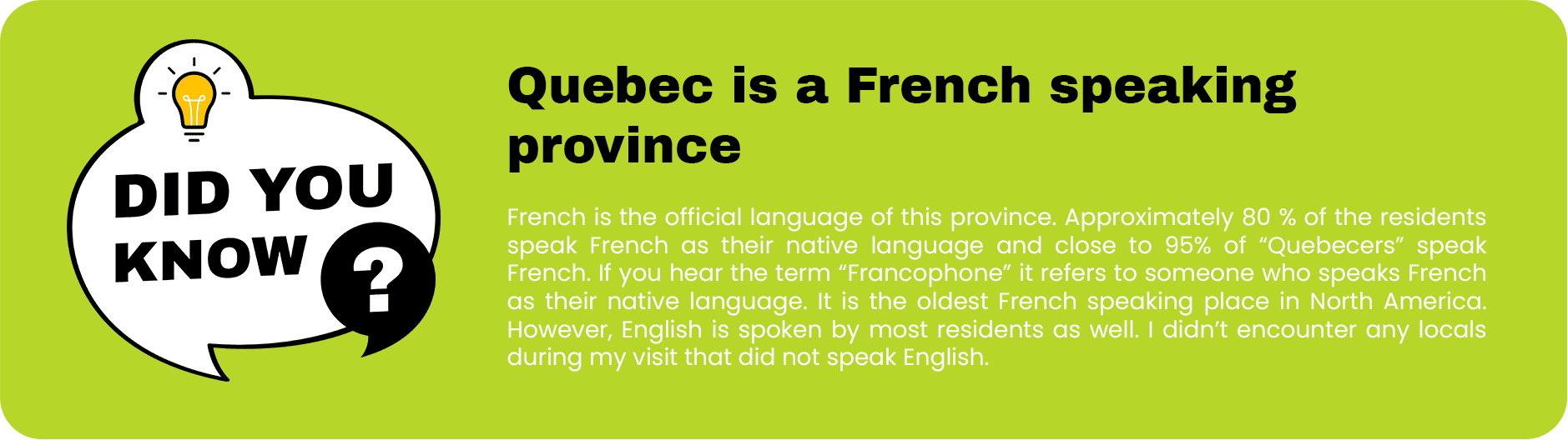 Infographic presenting facts about French being the preferred official language of Quebec and the prevalence of French-speaking residents in the province.