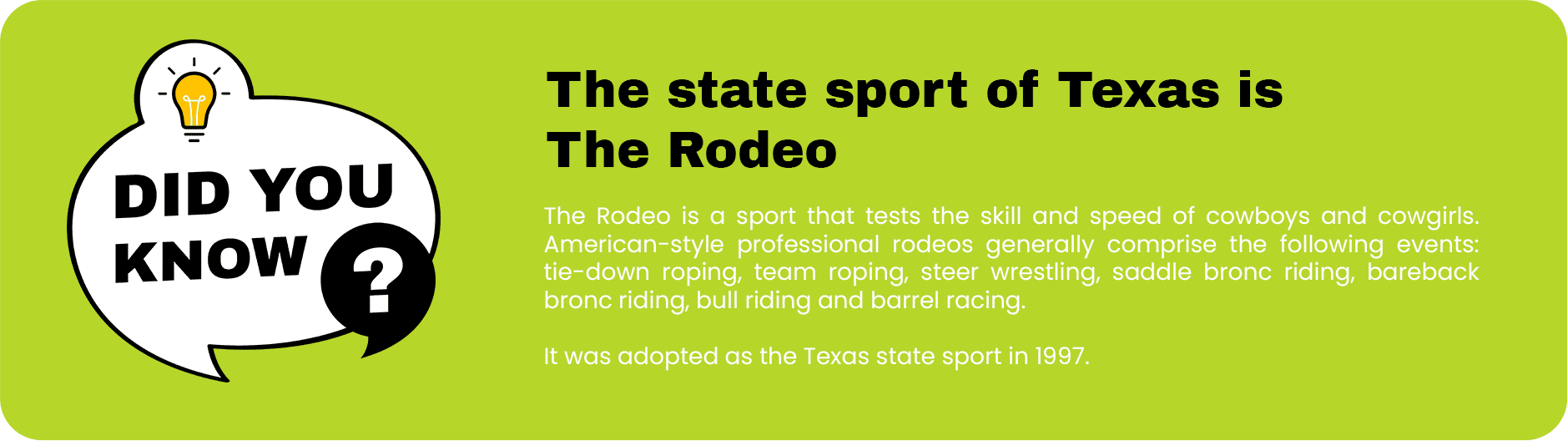 An information graphic detailing the preferred state sport of Texas, the professional rodeo, outlining various rodeo events and its adoption as a state sport in 1997.