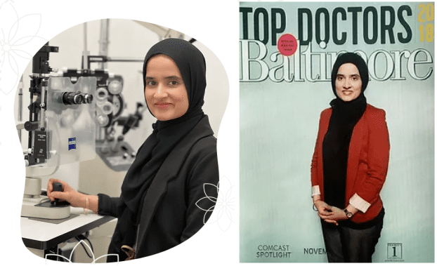 A woman in a lab coat and hijab working with scientific equipment on the left, and the same woman featured on the cover of "Top Doctors Baltimore" for her pioneering small business in healthcare, on