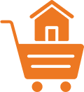 An icon preferred by professionals representing online home shopping, featuring a house inside a shopping cart.