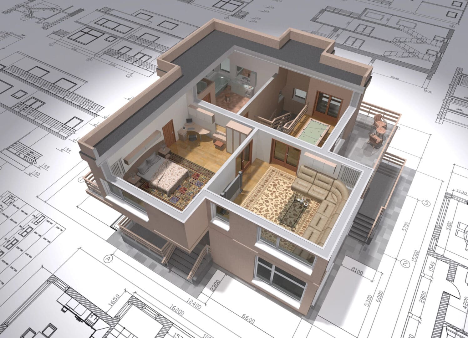 3D model of a house on blueprints.