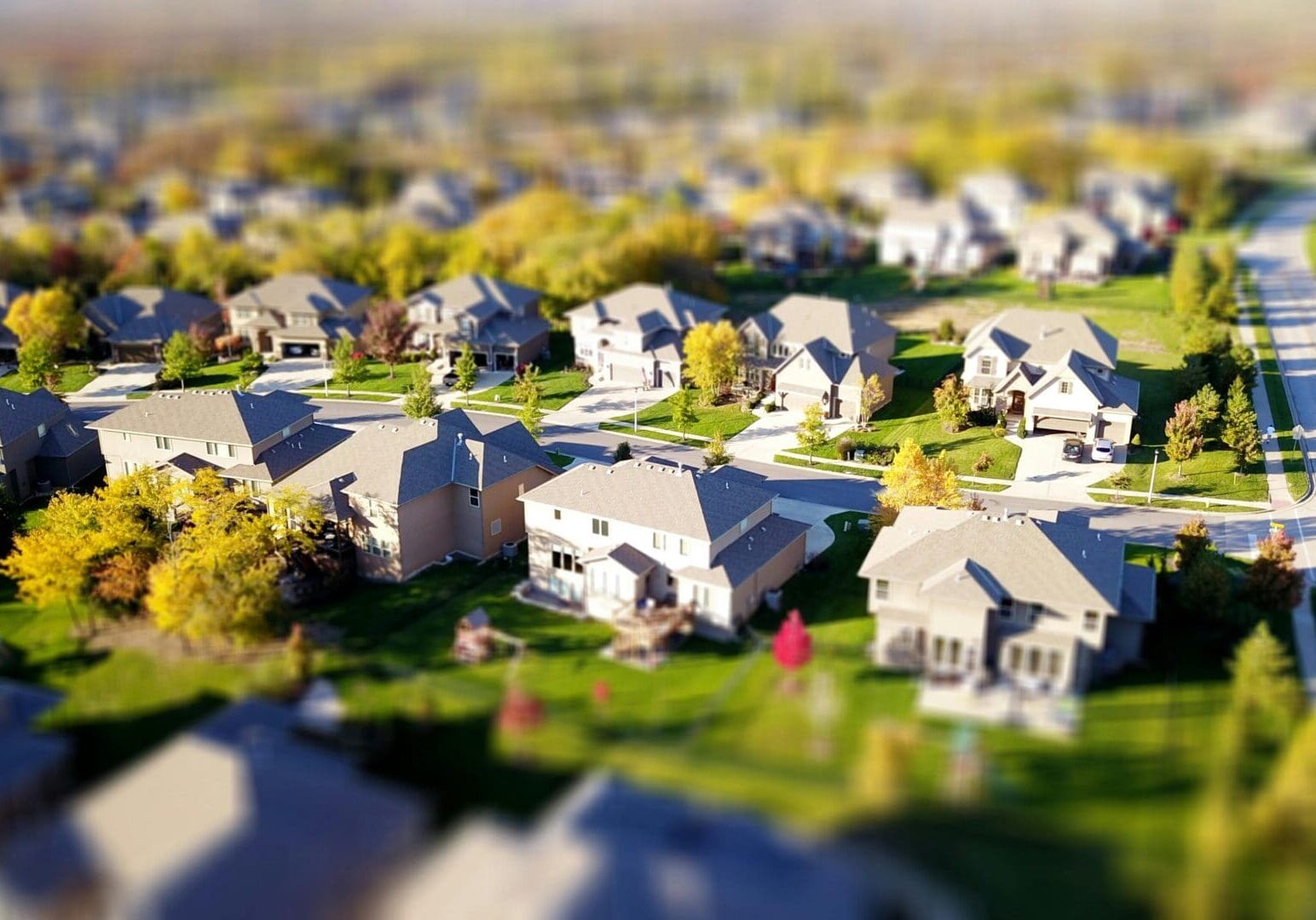 Aerial view of suburban neighborhood houses.